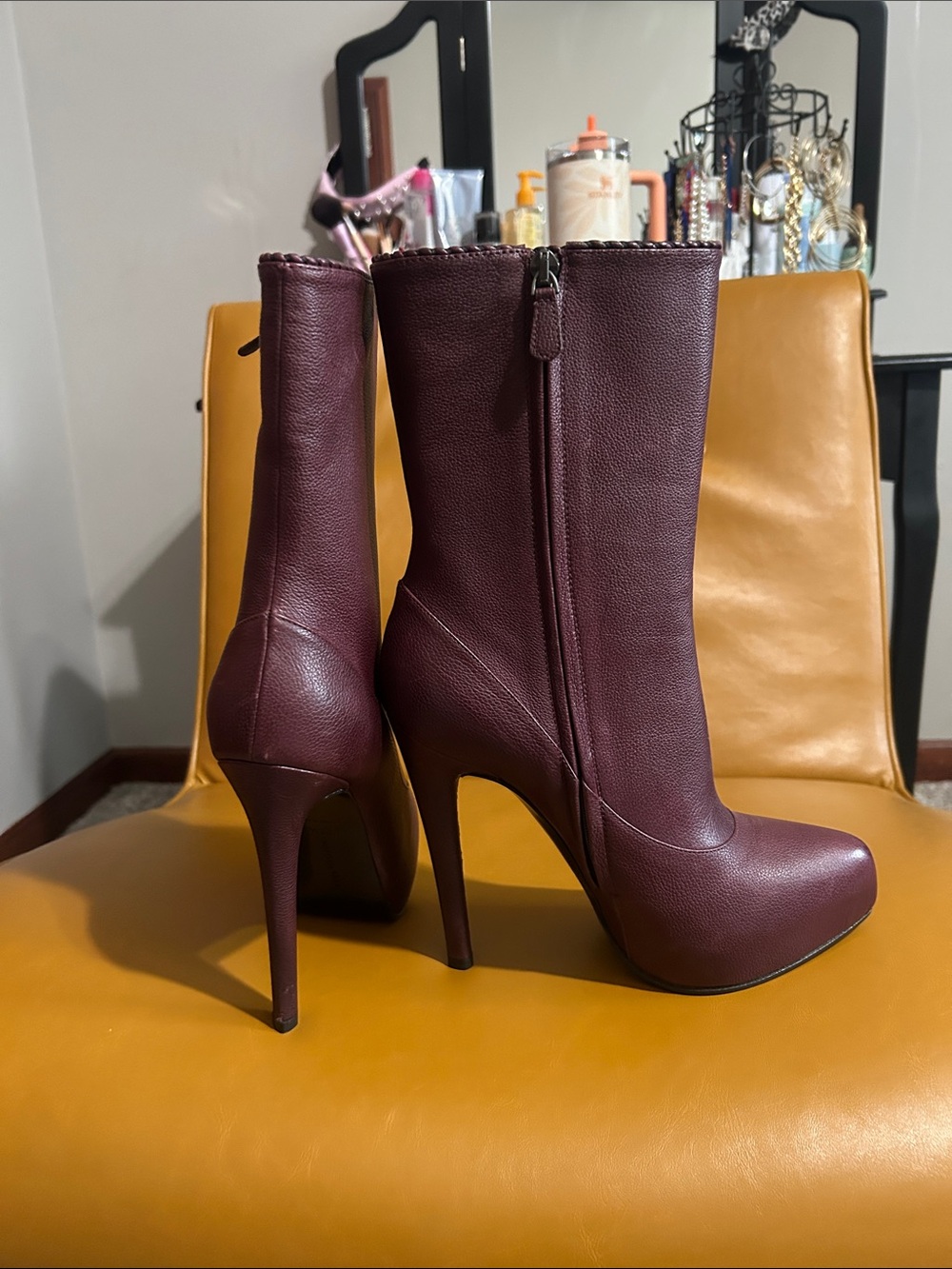 Bottega Veneta Plum Leather Mid-Calf Stiletto Boots